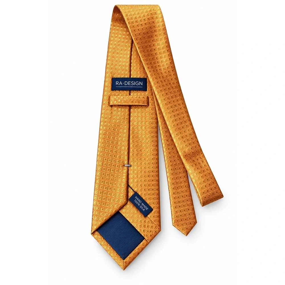 RA-DESIGN Mens Silk Tie Gold Orange Geometric Square Pattern Hand Made Italian
